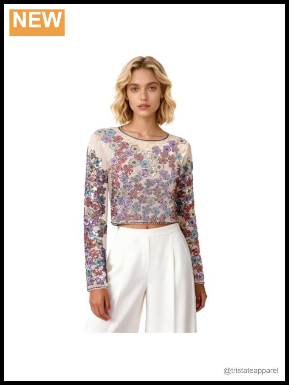 Women's Floral Sequin Mesh Crop Top Boat Neck Embellished Long Sleeve Blouse